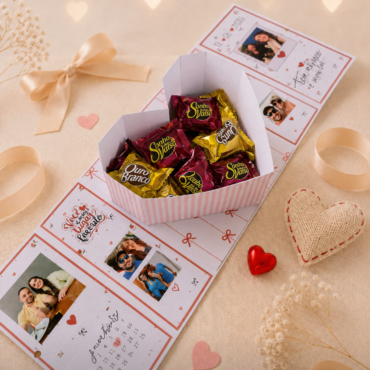 Caixa do Amor aberta com chocolates, fotos e decoração